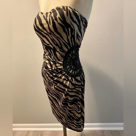 Dots Strapless Blk/Tan Bodycon Animal Print Mini Dress, Open Beaded side - Sz M - Picture 7 of 7